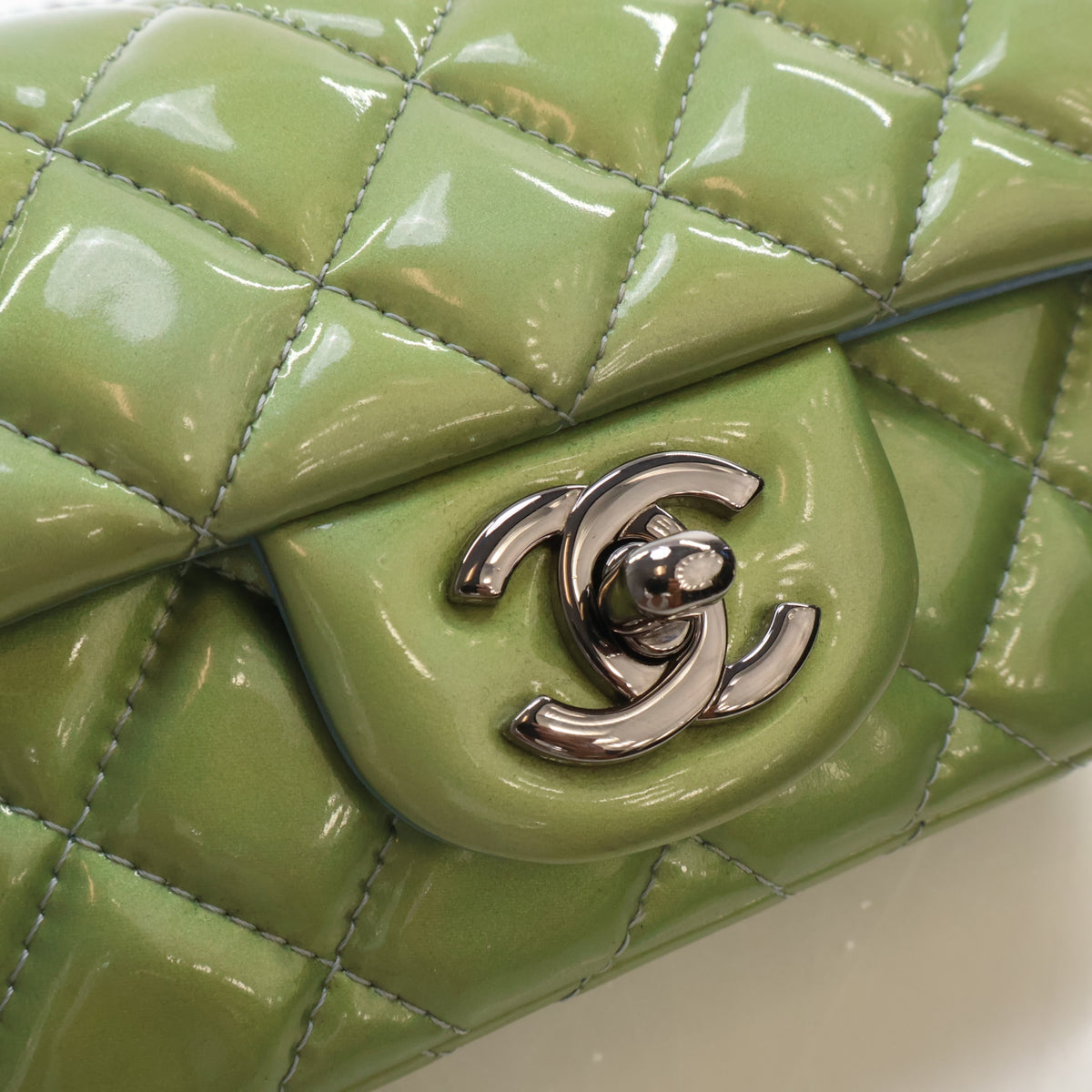 Pre-Owned Chanel Classic Flap Mini Extra Patent Leather Rectangular Bag, silver hardware close-up