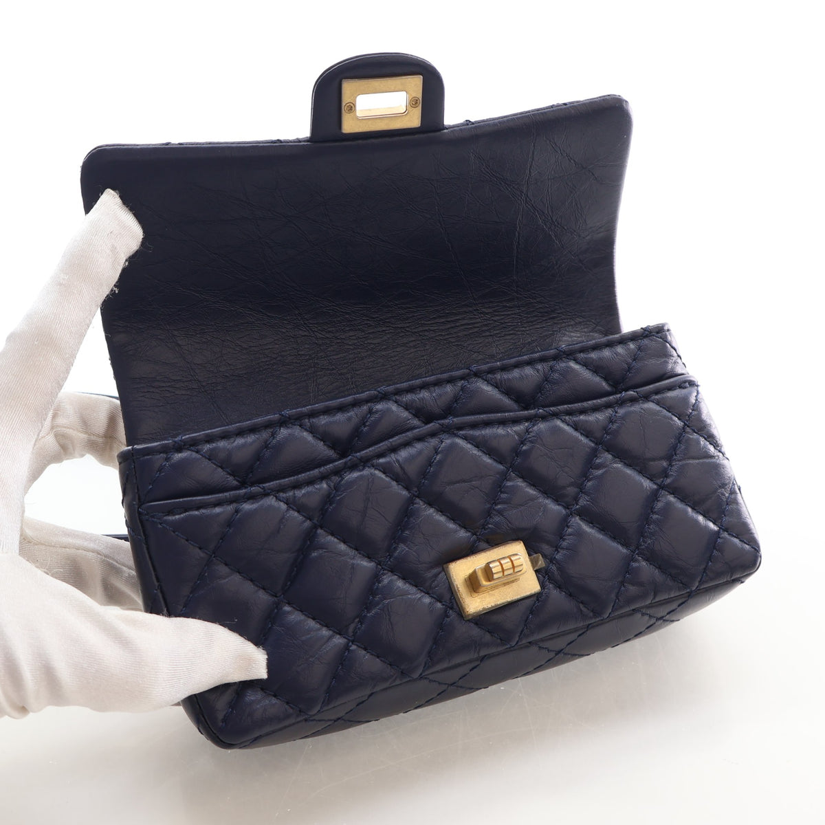 Pre-Owned Chanel Belt Bag Aged Calfskin Reissue 2.55 Flap, open front view