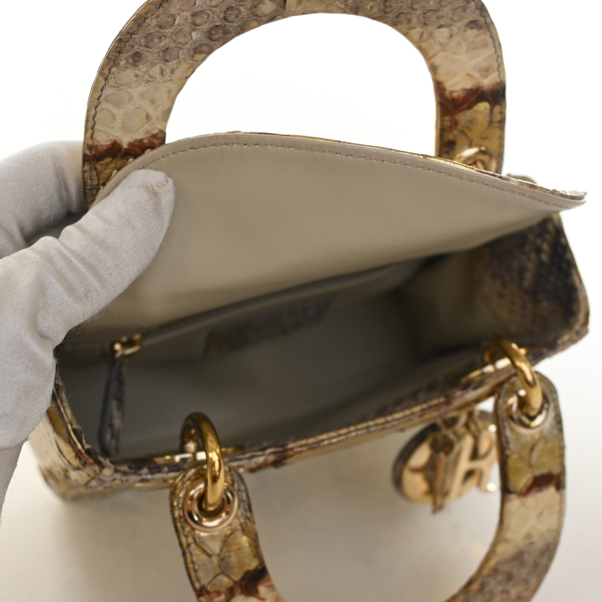 Pre-Owned Christian Dior Lady Dior Mini Python, open interior