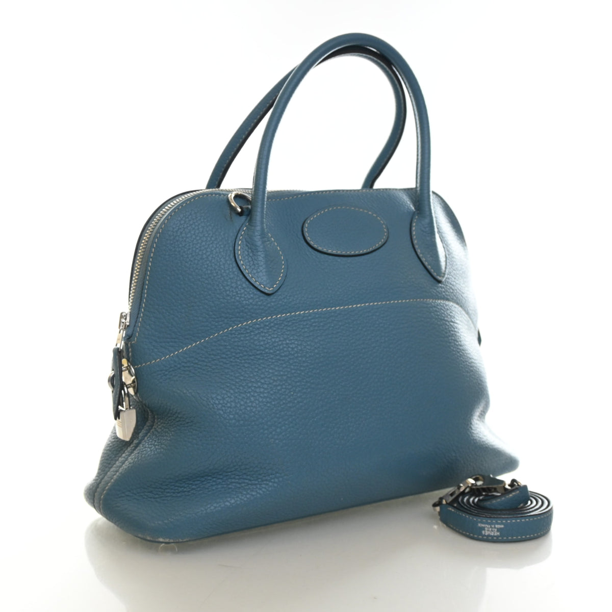 Vintage Hermès Bolide 31 Bleu Jean Clemence Leather, front view