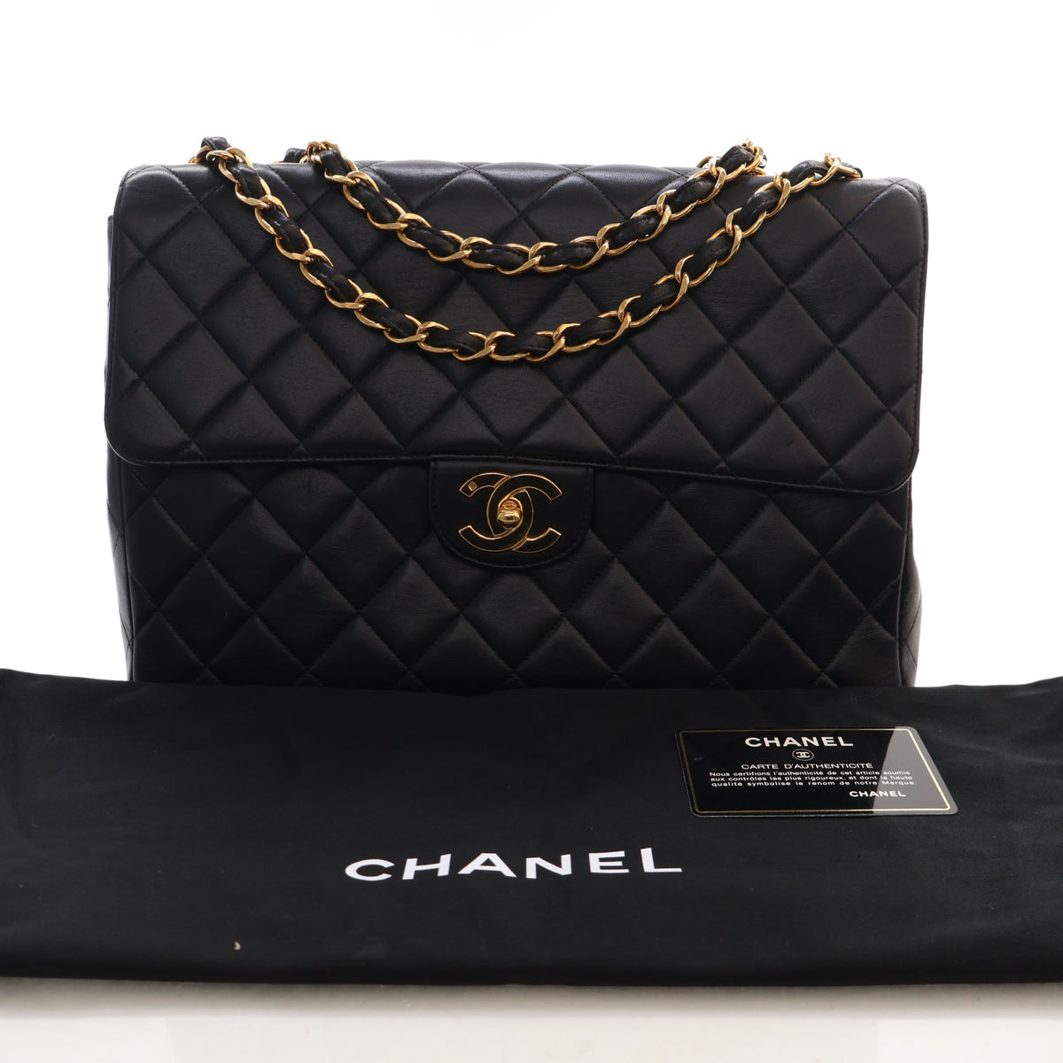Vintage Chanel Flap Bag Jumbo Lambskin Classic Single, shown with dust bag and packaging
