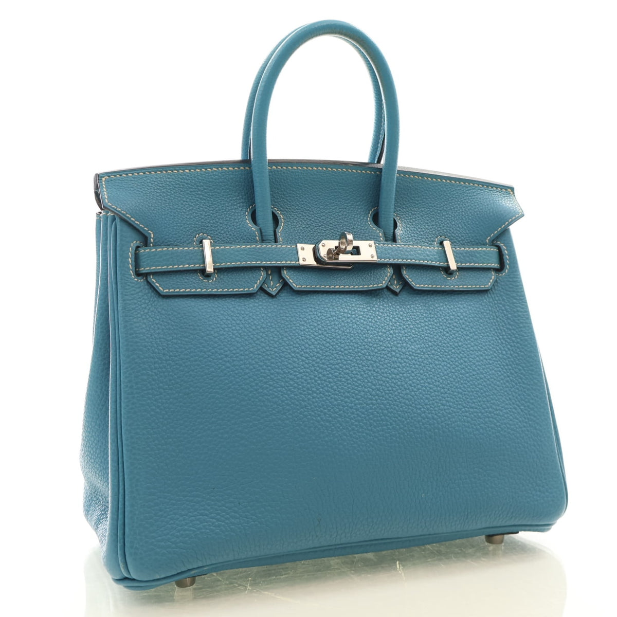 Pre-Owned Hermès Birkin 25 Bleu Jean Togo Leather, three-quarter view, authenticated at Luxe Du Jour