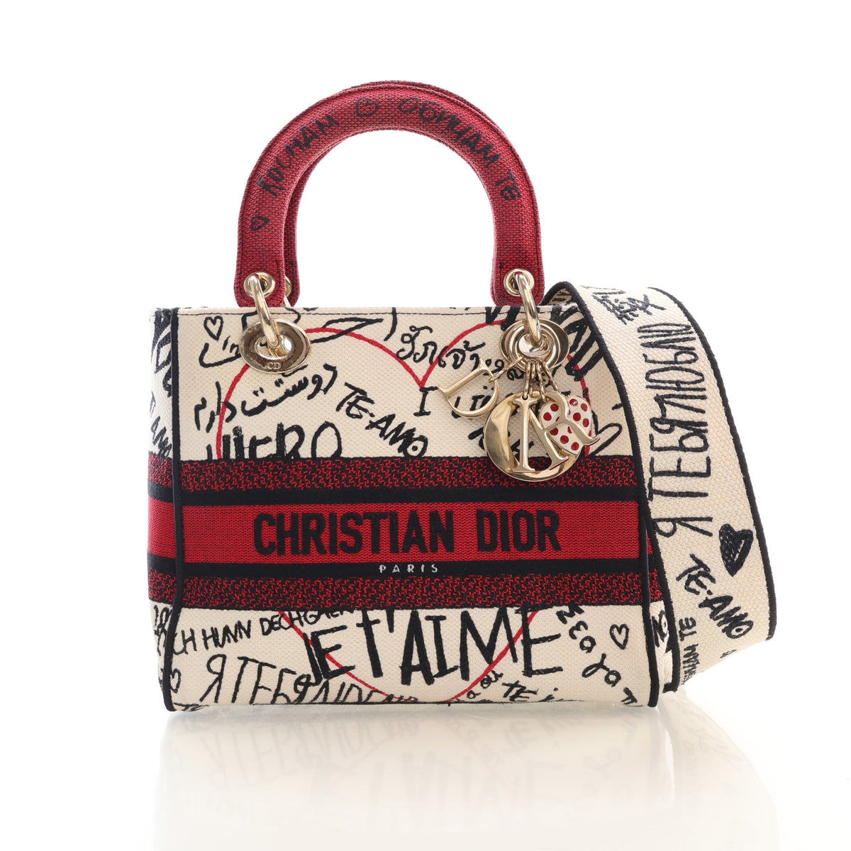 Pre-Owned Christian Dior Medium Embroidered Canvas Dioramour Lady D-lite, three-quarter view, authenticated at Luxe Du Jour