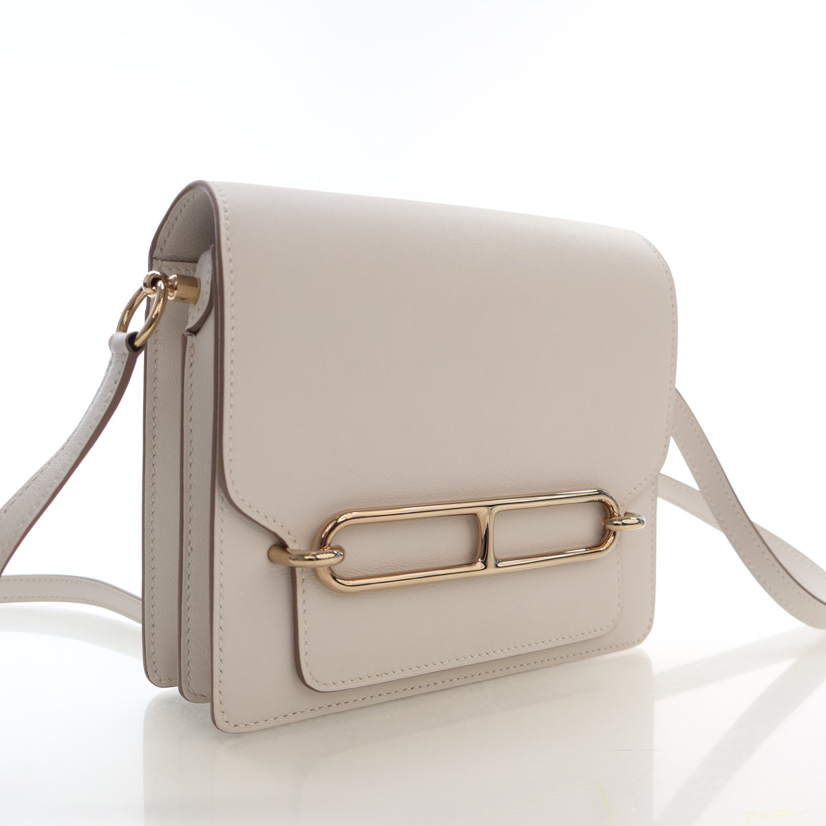 Pre-Owned Hermès Mini Beton Evercolor Leather Sac Roulis, three-quarter view, authenticated at Luxe Du Jour