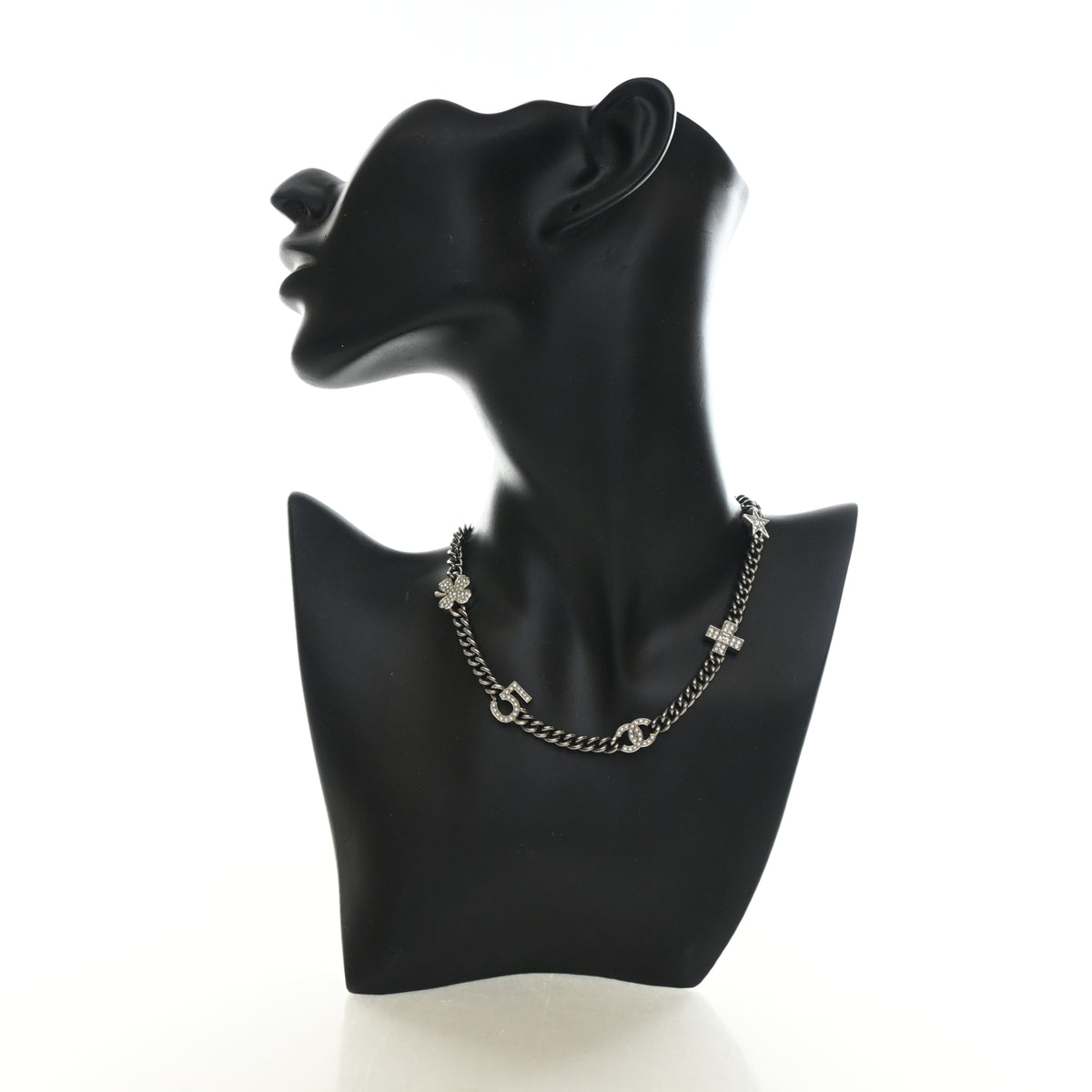 Pre-Owned Chanel Necklace Crystal CC Symbol Choker, worn on model, authenticated at Luxe Du Jour
