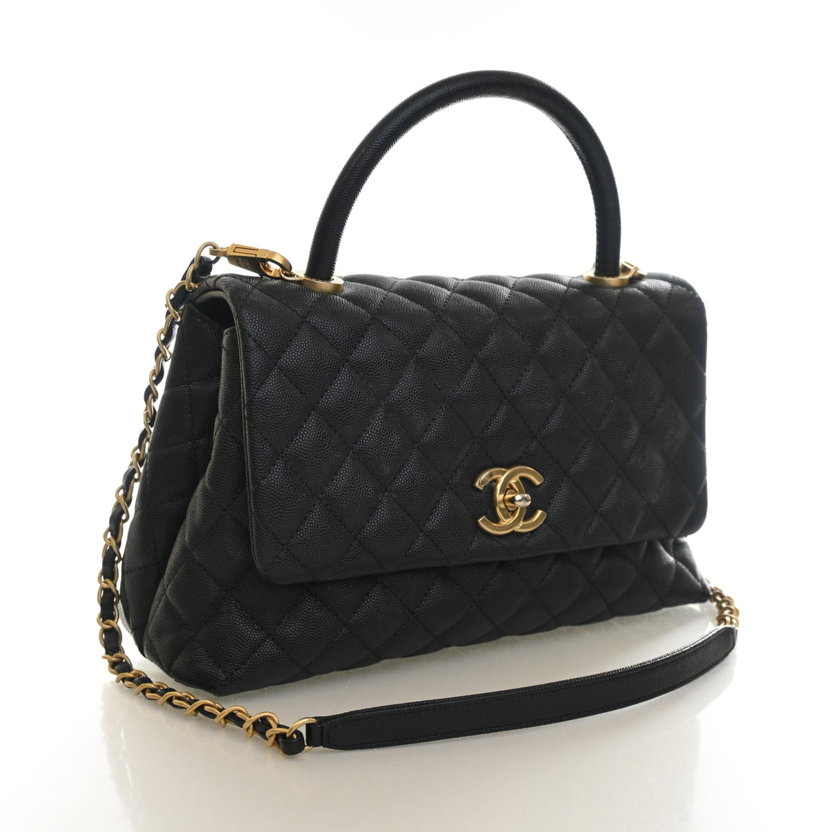 Pre-Owned Chanel Coco Handle Medium Caviar Leather Bag, three-quarter view, authenticated at Luxe Du Jour