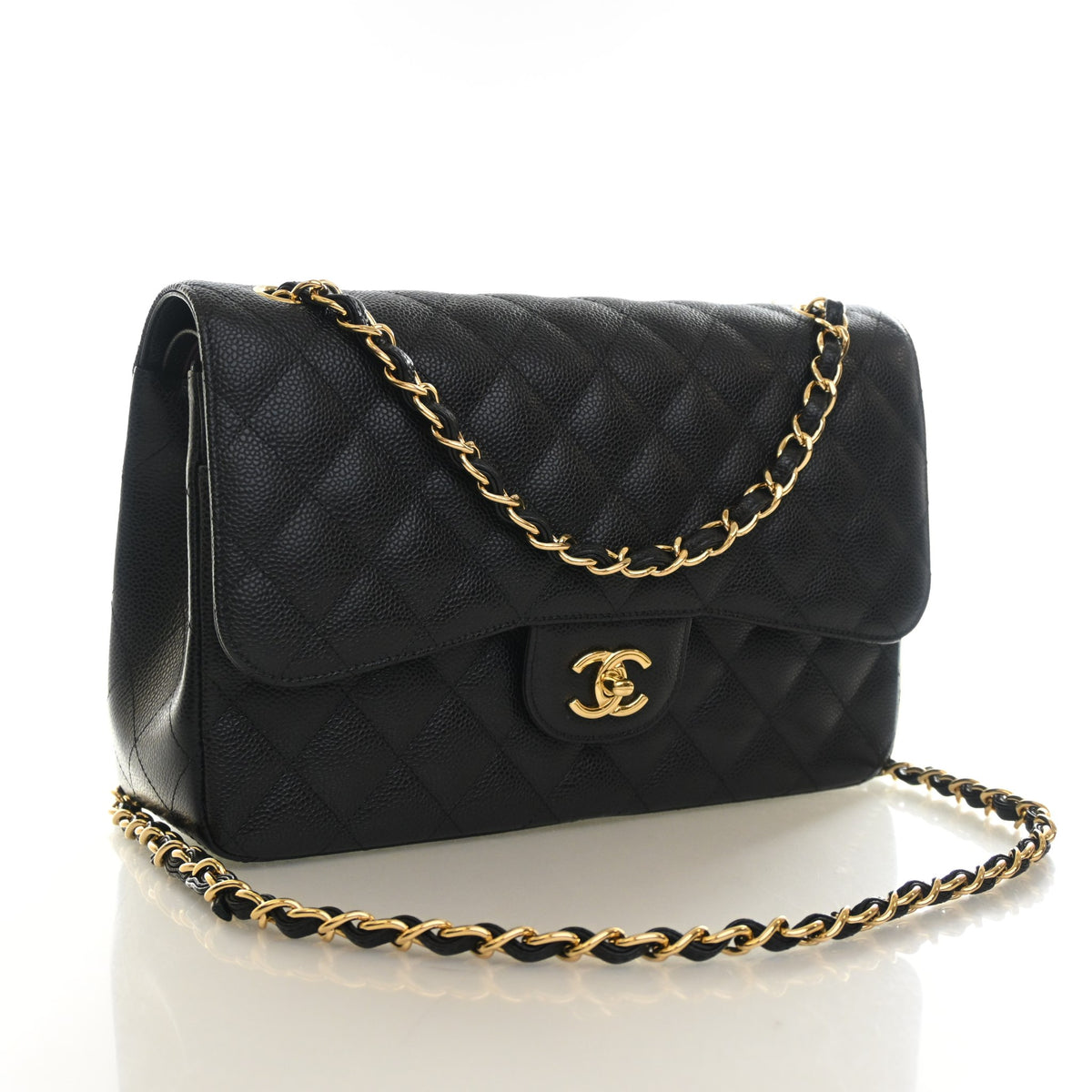Pre-Owned Chanel Classic Double Flap Jumbo Caviar Leather Bag, three-quarter view, photo 2 of 14