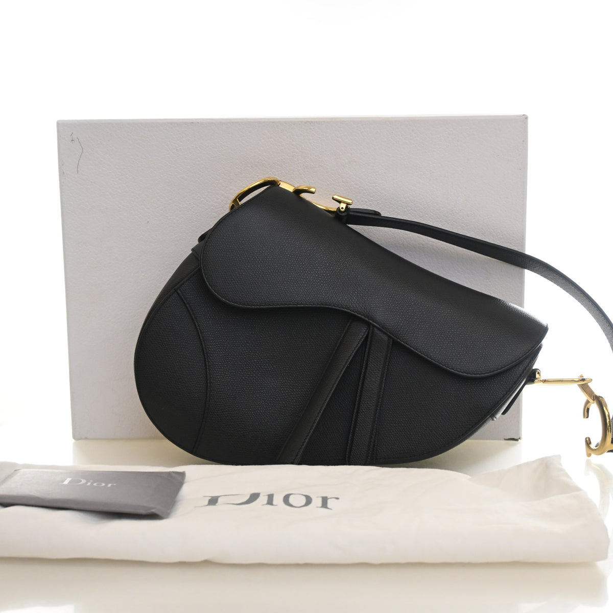 Pre-Owned Christian Dior Saddle Bag Medium Calfskin, shown with dust bag and packaging