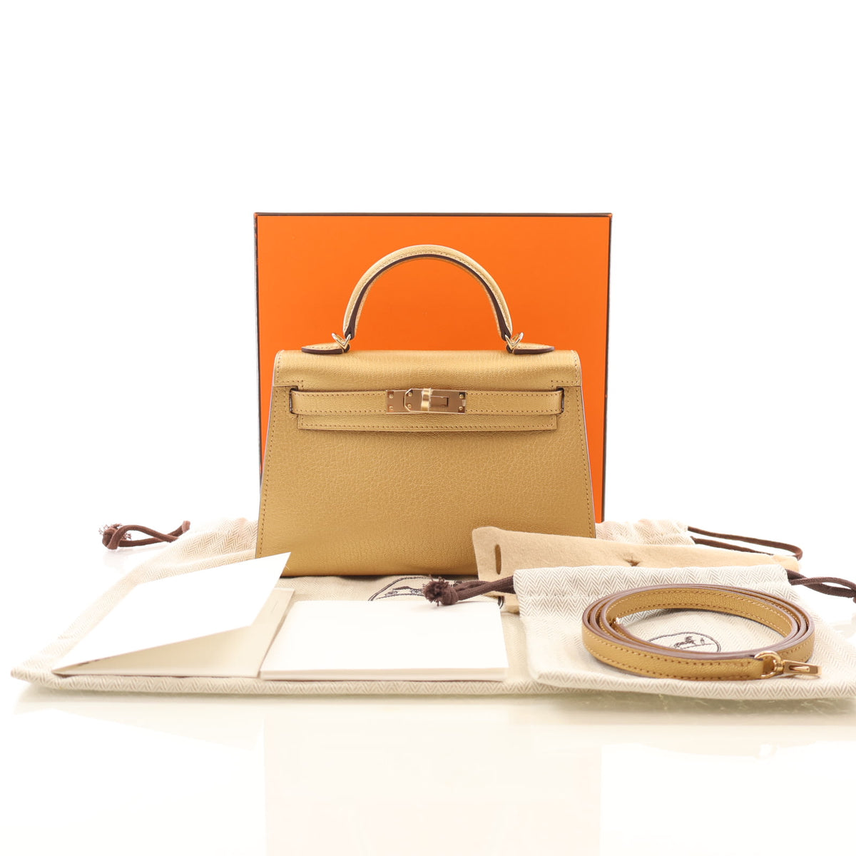 Pre-Owned Hermès Kelly Mini Dore Metallic Chevre Leather Chamkilight 20, front view, photo 15 of 15