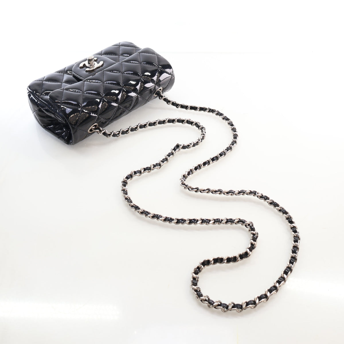 Pre-Owned Chanel Classic Flap Mini Extra Patent Leather Rectangular Bag, three-quarter view, photo 10 of 17