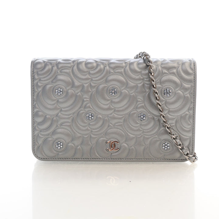 Chanel Studded Embossed Lambskin Camellia Wallet On Chain (WOC)