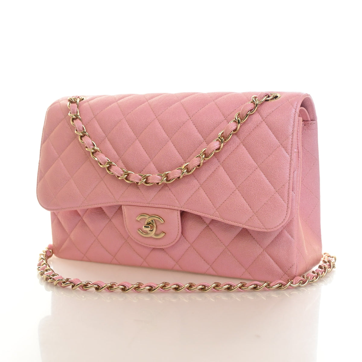 Pre-Owned Chanel Classic Double Flap Jumbo Caviar Leather Bag, three-quarter view, photo 3 of 14