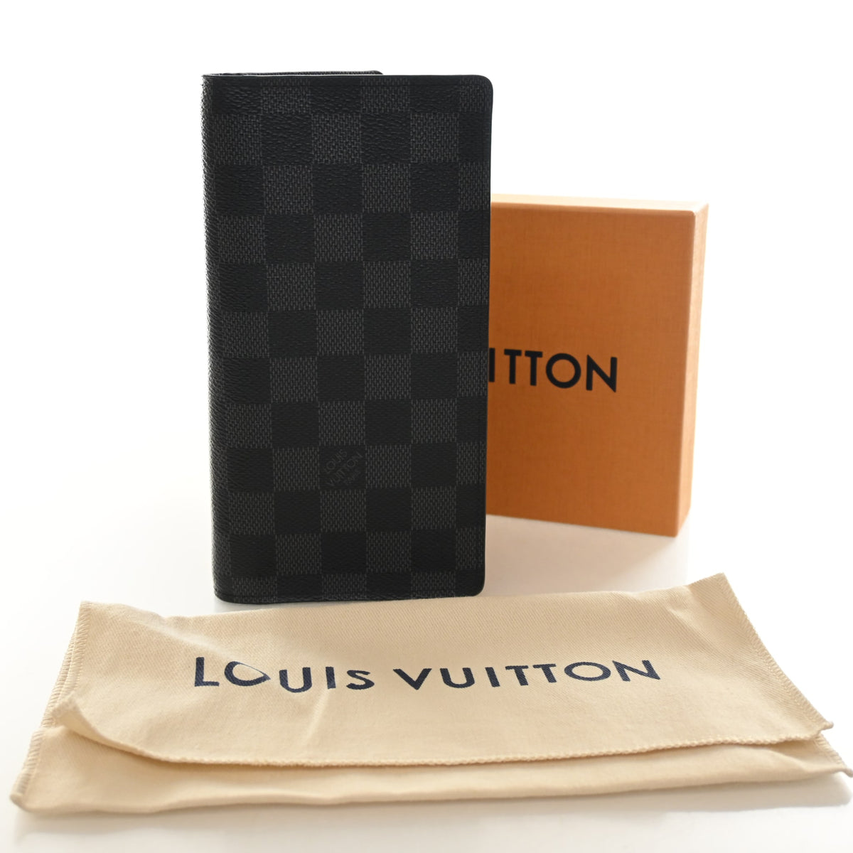 Pre-Owned Louis Vuitton Wallet Damier Eclipse Brazza, shown with dust bag and packaging