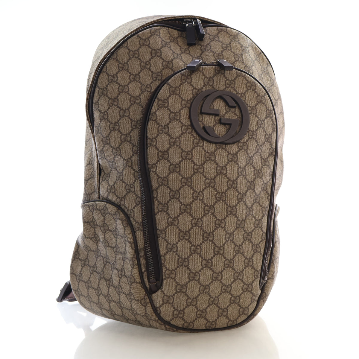 Pre-Owned Gucci Backpack GG Plus Monogram, three-quarter view, authenticated at Luxe Du Jour