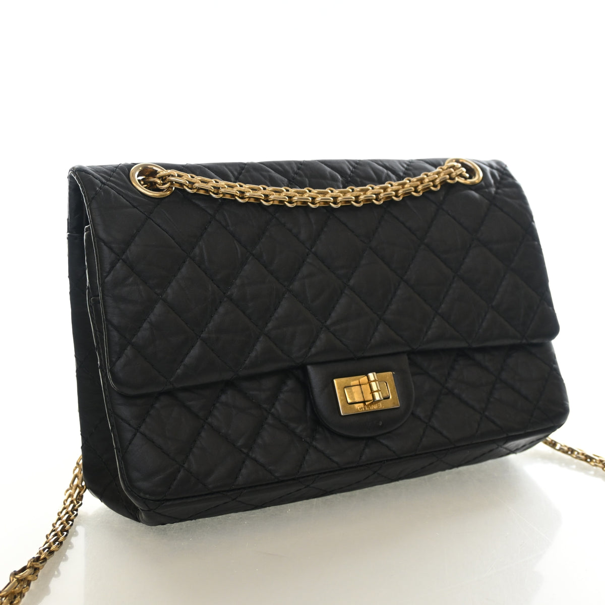Pre-Owned Chanel Flap Bag 225 Aged Calfskin Reissue 2.55, three-quarter view, authenticated at Luxe Du Jour
