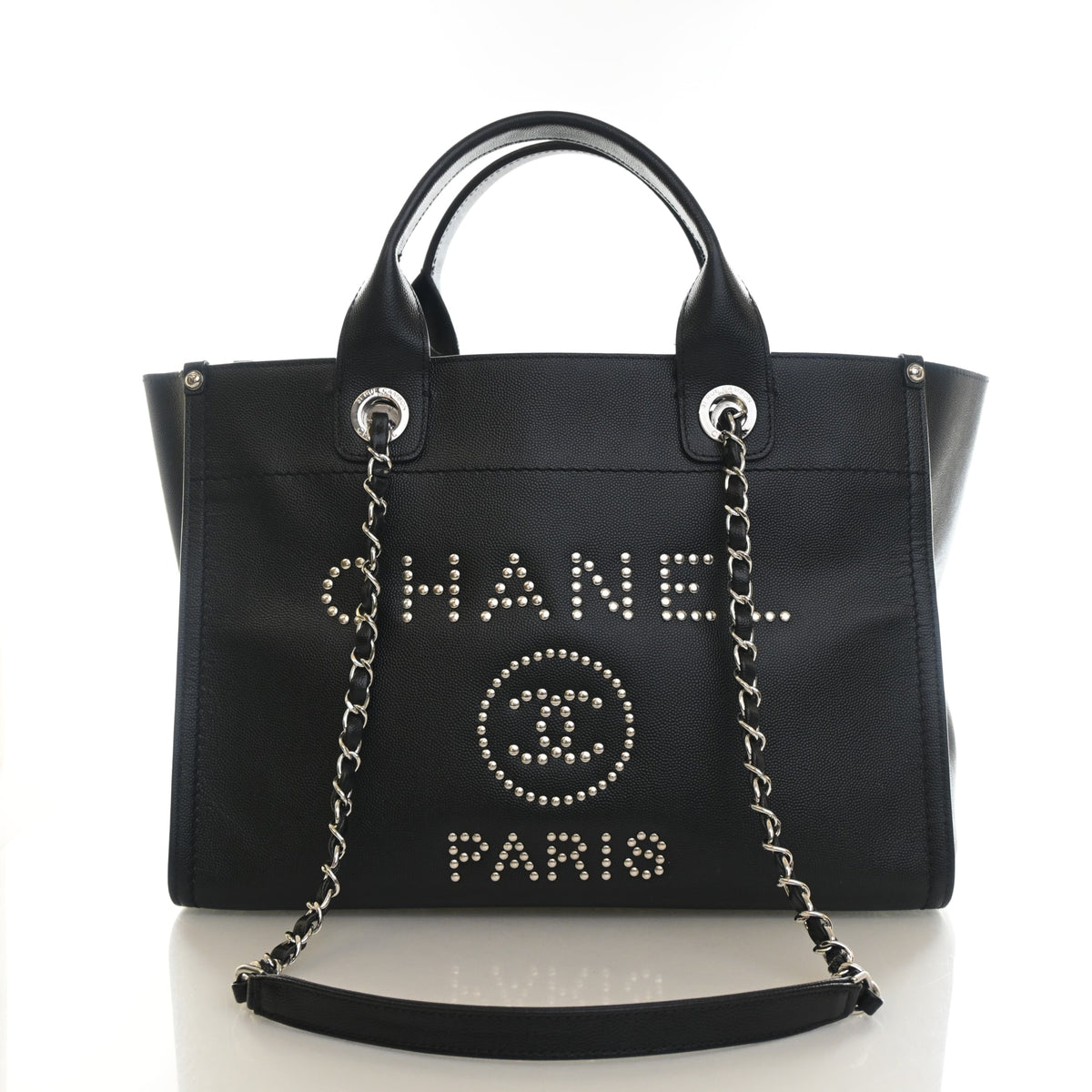 Pre-Owned Chanel Tote Small Caviar Leather Studded Deauville, front view, authenticated at Luxe Du Jour