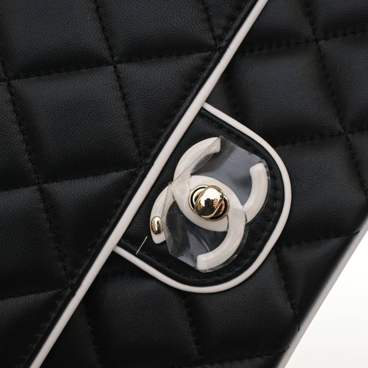 Pre-Owned Chanel Flap Bag Small Lambskin Resin CC, gold hardware close-up