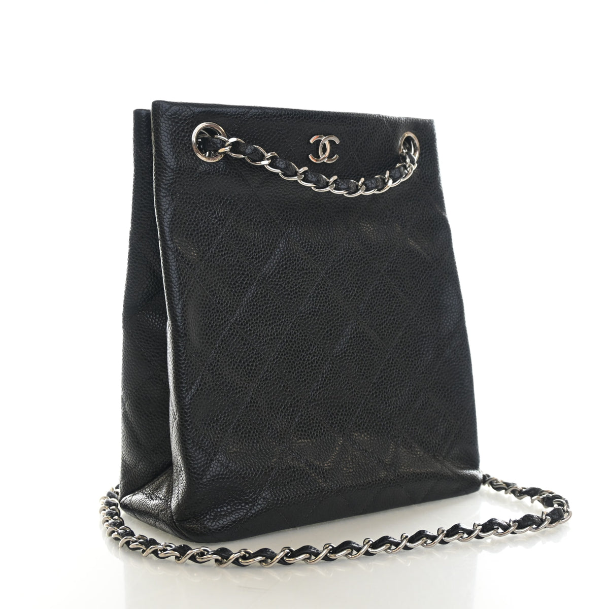 Vintage Chanel Tote Bag Caviar Leather Bucket, side profile, authenticated at Luxe Du Jour