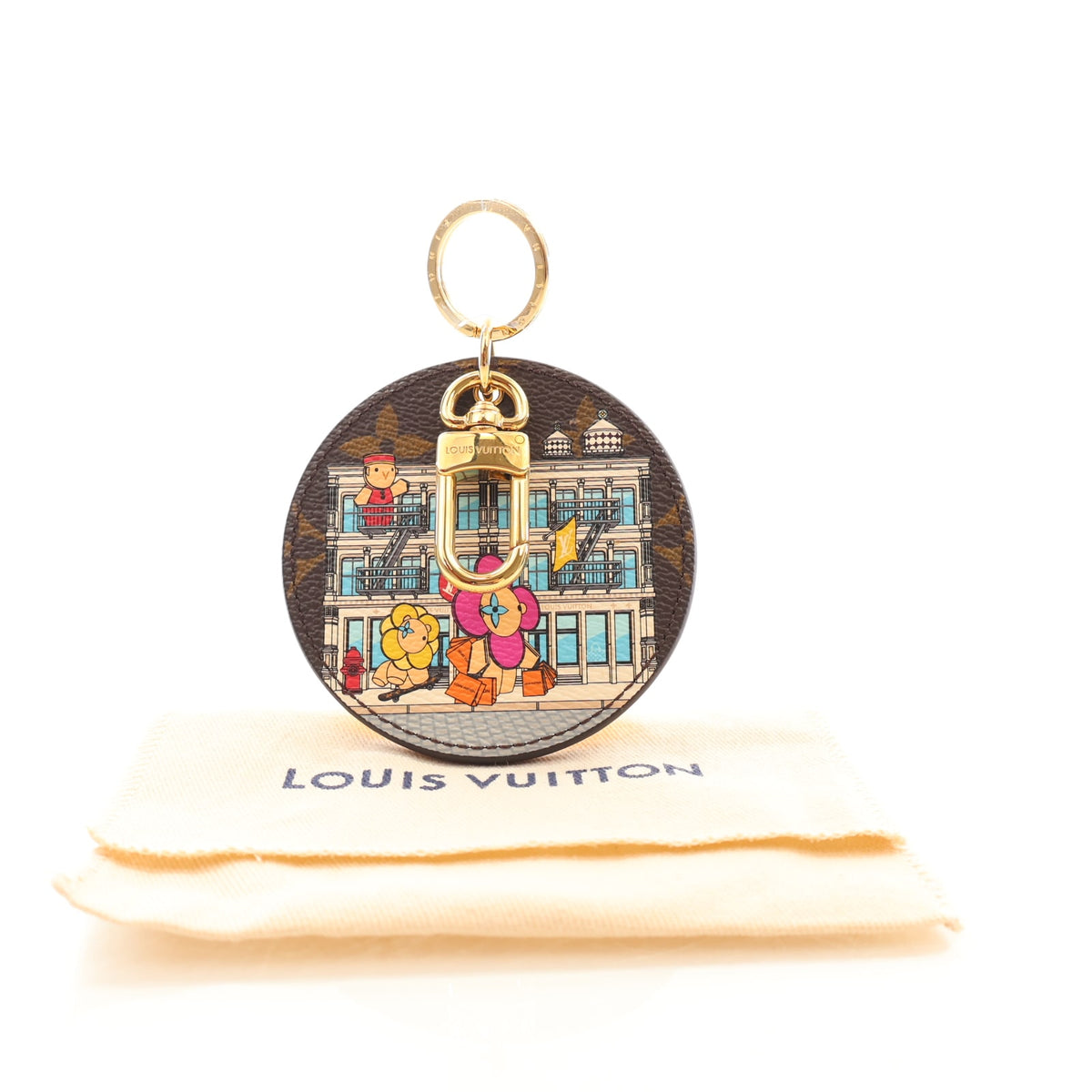 Pre-Owned Louis Vuitton Monogram Porte Cles Illustre Vivienne Keychain, shown with dust bag and packaging