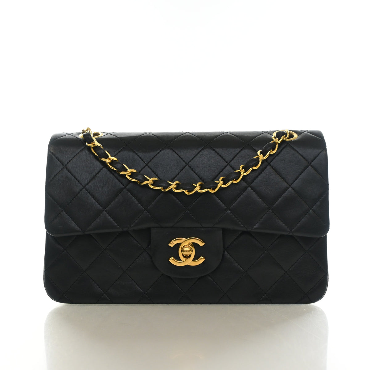 Vintage Chanel Classic Double Flap Small Lambskin Bag, front view, authenticated at Luxe Du Jour
