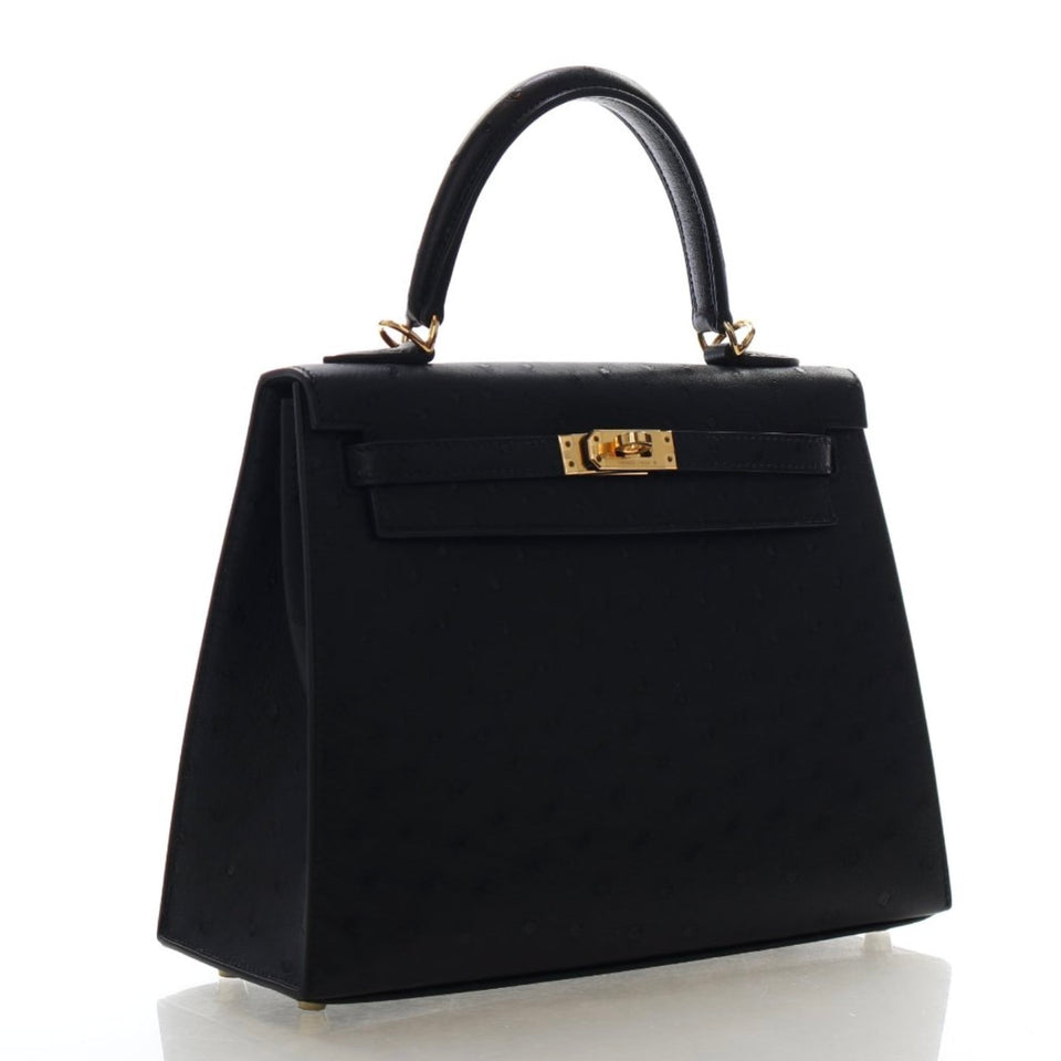 Hermes Noir Ostrich Sellier Kelly 25