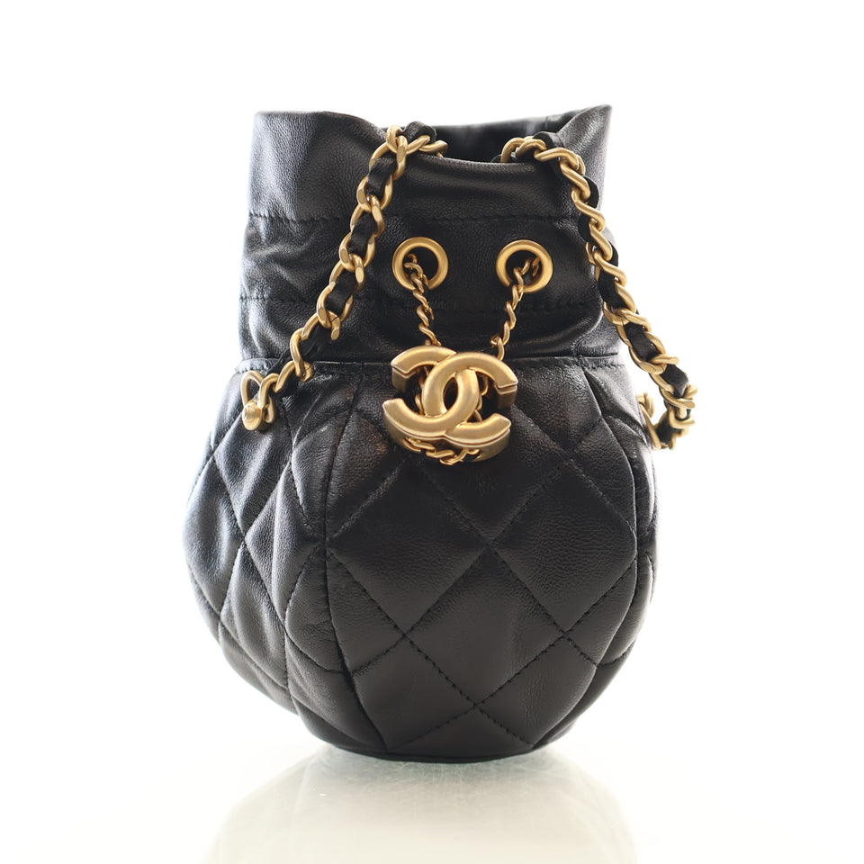 Chanel Lambskin Drawstring Round Bucket Clutch With Strap