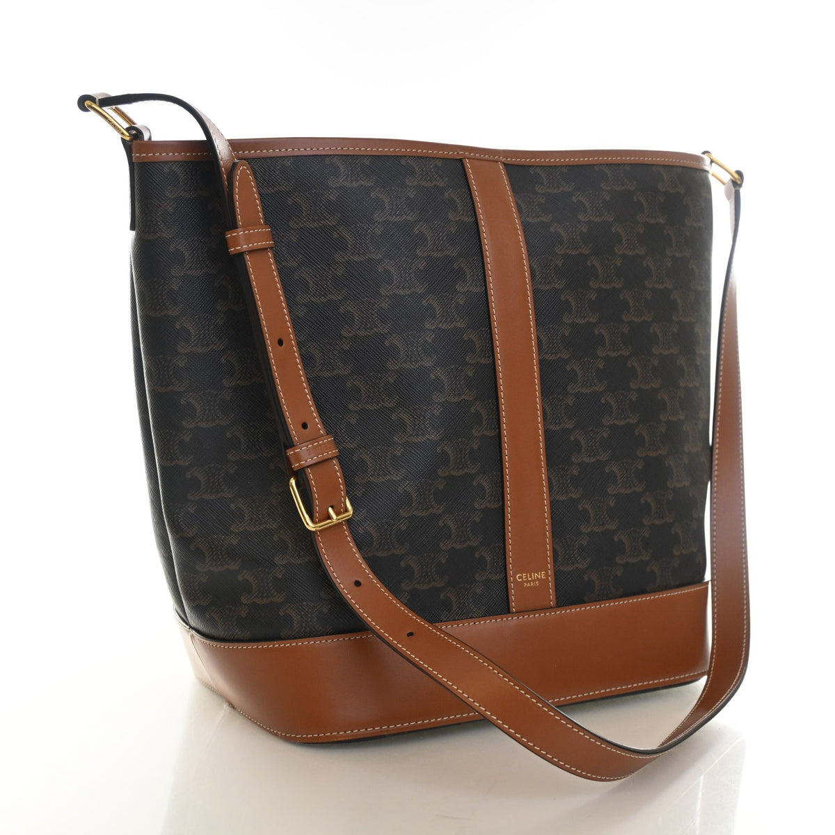 Pre-Owned Celine Bucket Bag Medium Triomphe Canvas, three-quarter view, authenticated at Luxe Du Jour