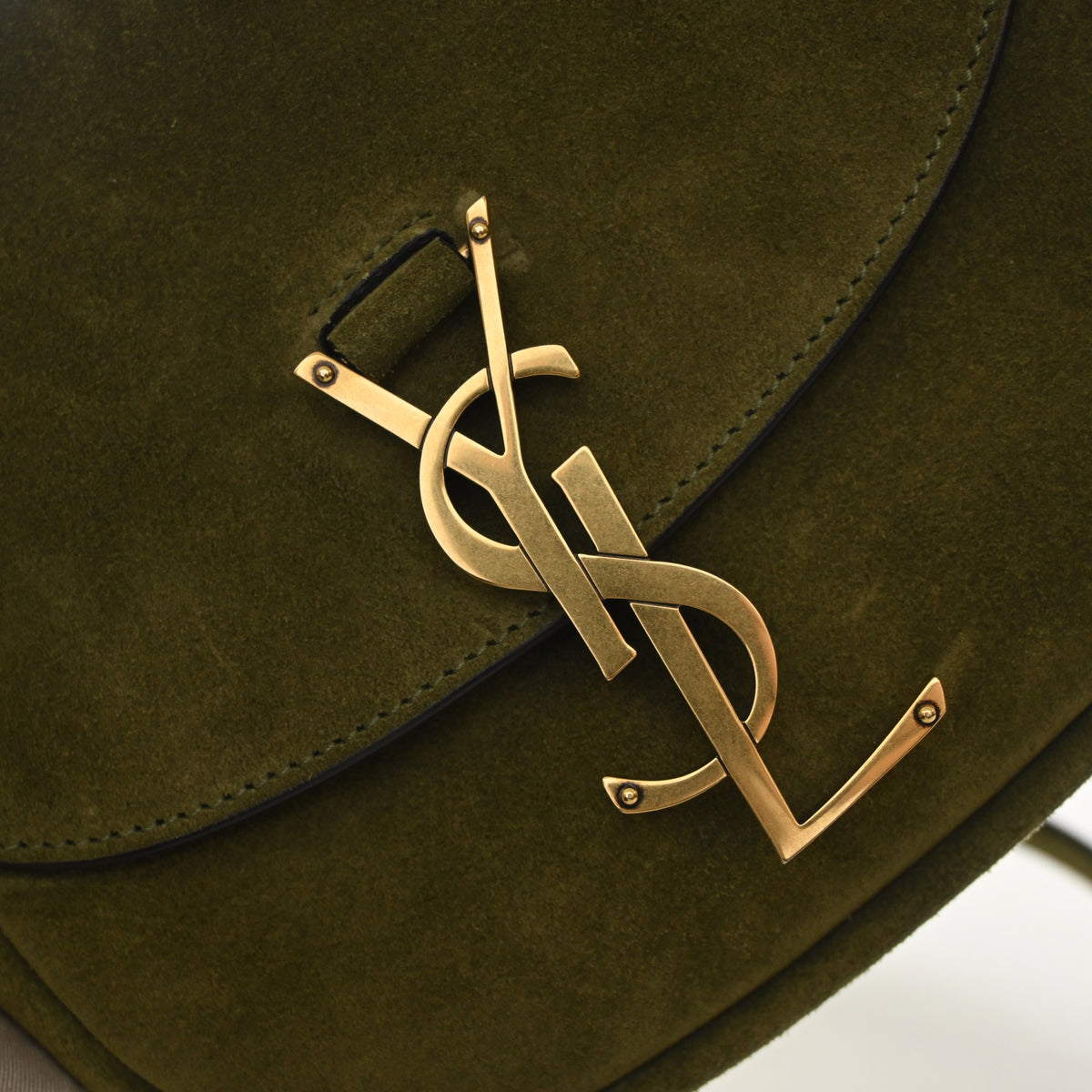 Pre-Owned Saint Laurent Small Suede Leather Kaia Satchel, gold hardware close-up