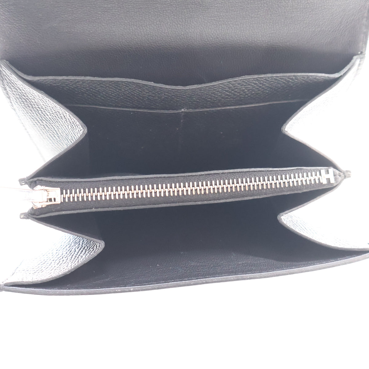 Pre-Owned Hermès Constance Noir Epsom Leather Slim Wallet, open interior with lining, photo 16 of 19