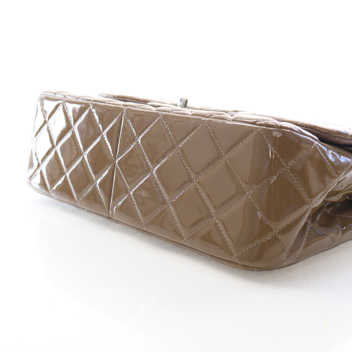 Pre-Owned Chanel Classic Double Flap Jumbo Patent Leather Bag, base and feet view, photo 8 of 16