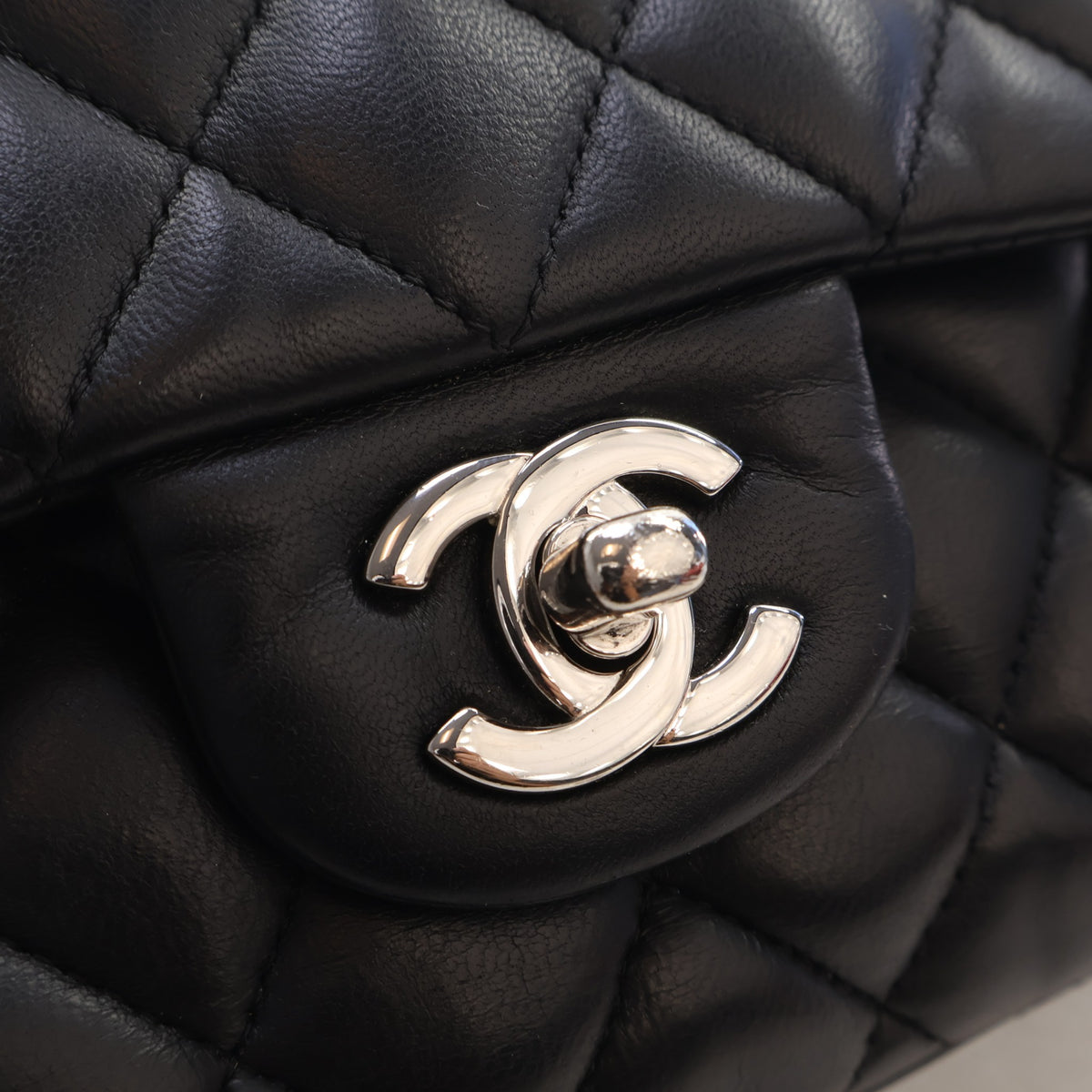 Pre-Owned Chanel Classic Double Flap Medium Lambskin Bag, silver hardware close-up