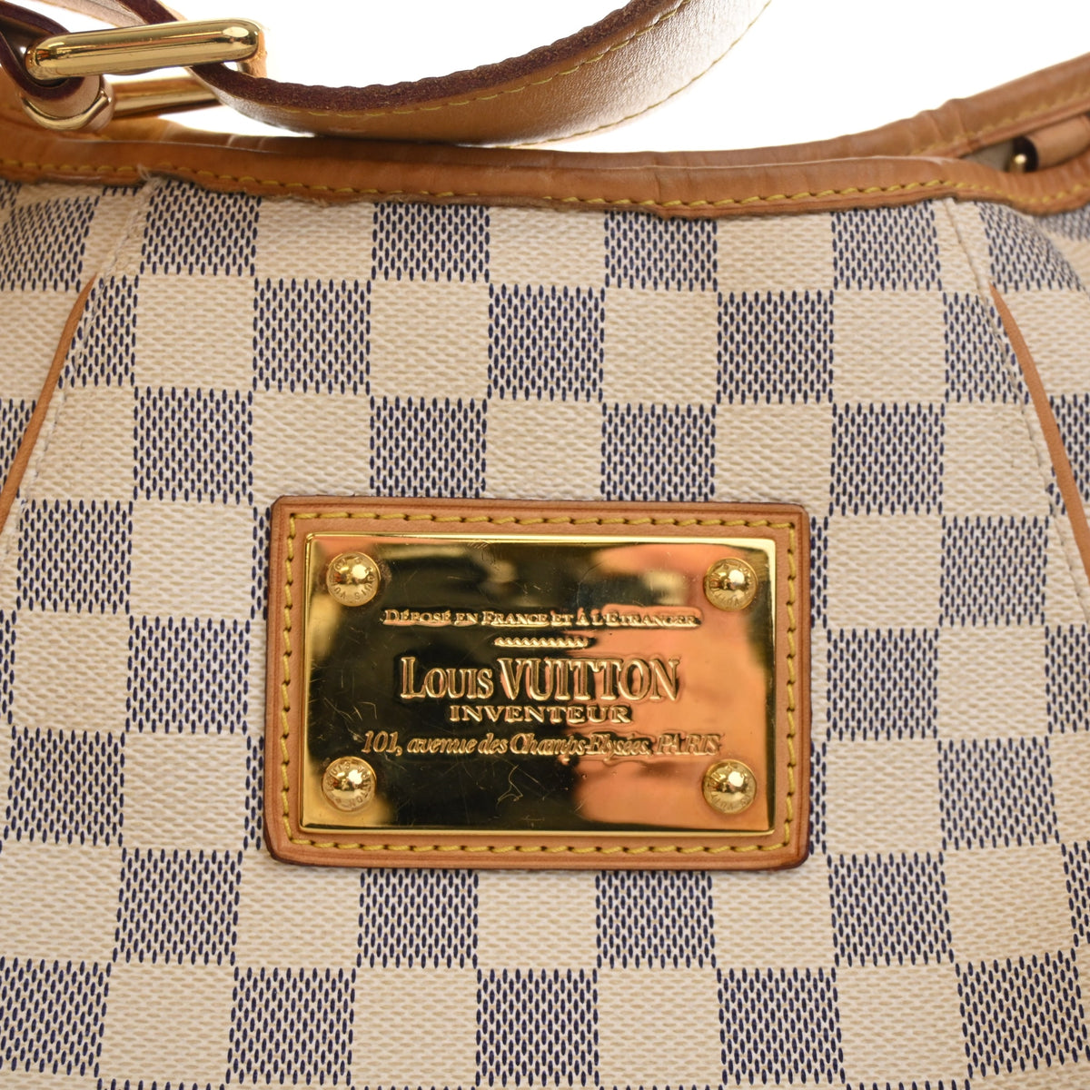 Vintage Louis Vuitton PM Damier Azur Galliera, gold embossed logo detail