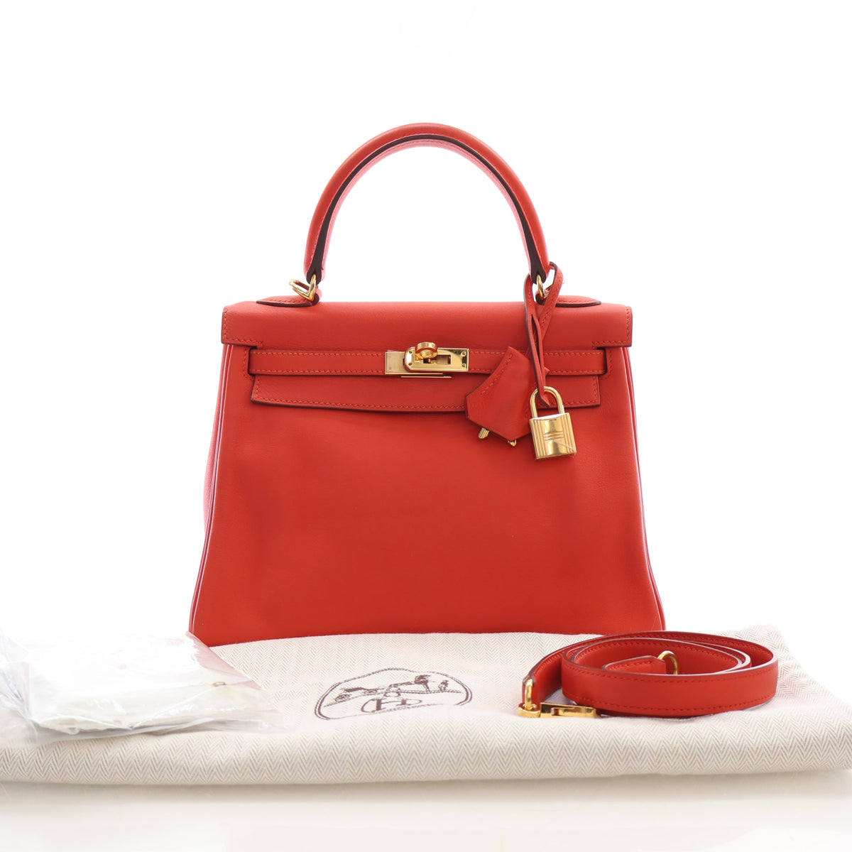 Pre-Owned Hermès Kelly 25 Rouge Pivoine Swift Leather, shown with dust bag and packaging