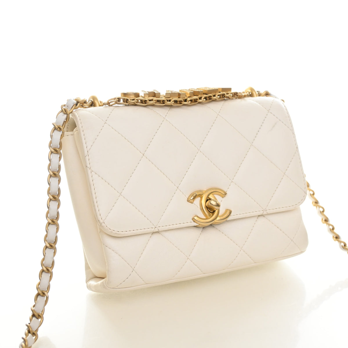 Pre-Owned Chanel Flap Bag Small Lambskin CC Crystal Logo, three-quarter view, authenticated at Luxe Du Jour