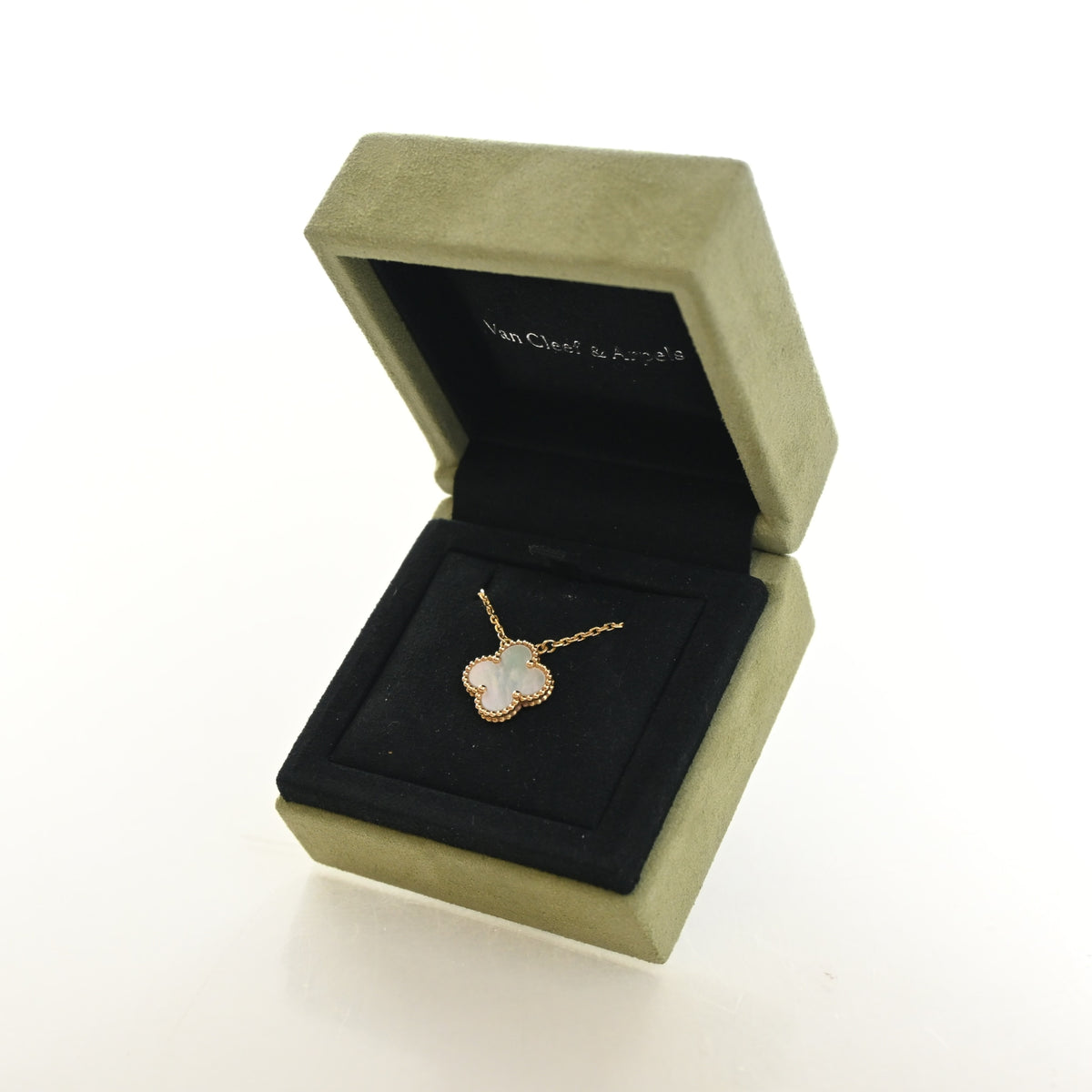 Vintage Van Cleef & Arpels Alhambra Mother Of Pearl Pendant, shown with dust bag and packaging, photo 5 of 8