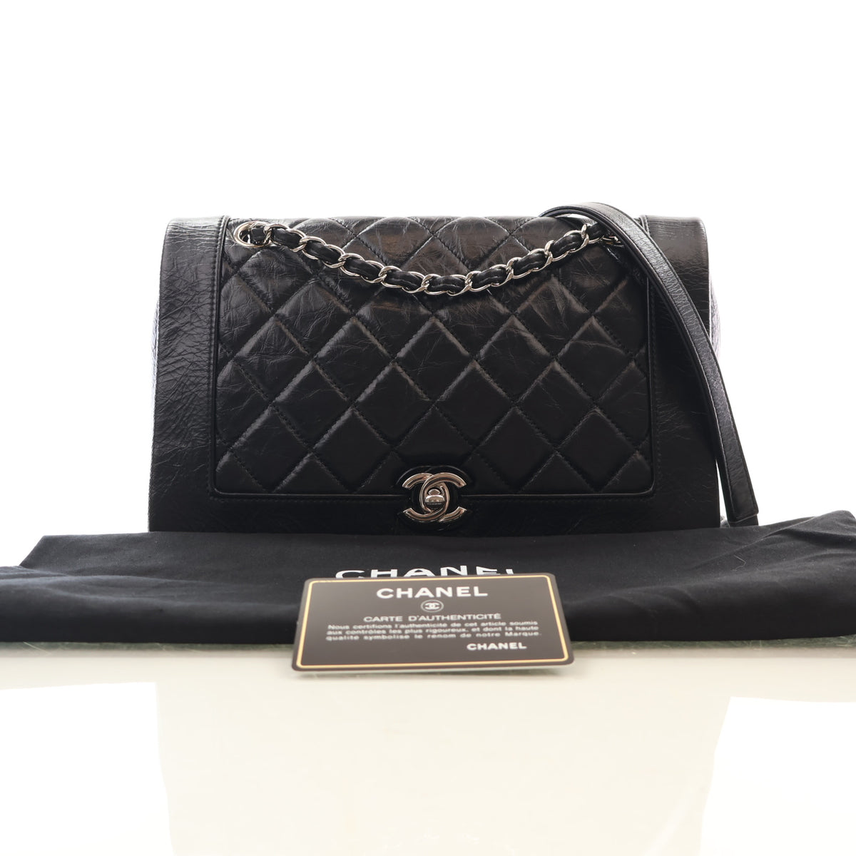 Pre-Owned Chanel Flap Bag Calfskin CC, shown with dust bag and packaging