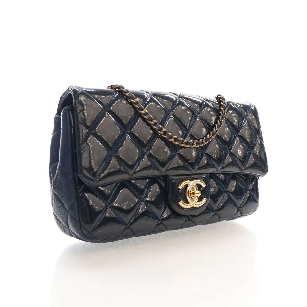 Pre-Owned Chanel Flap Bag Medium Patent Leather Classic Single, three-quarter view, authenticated at Luxe Du Jour