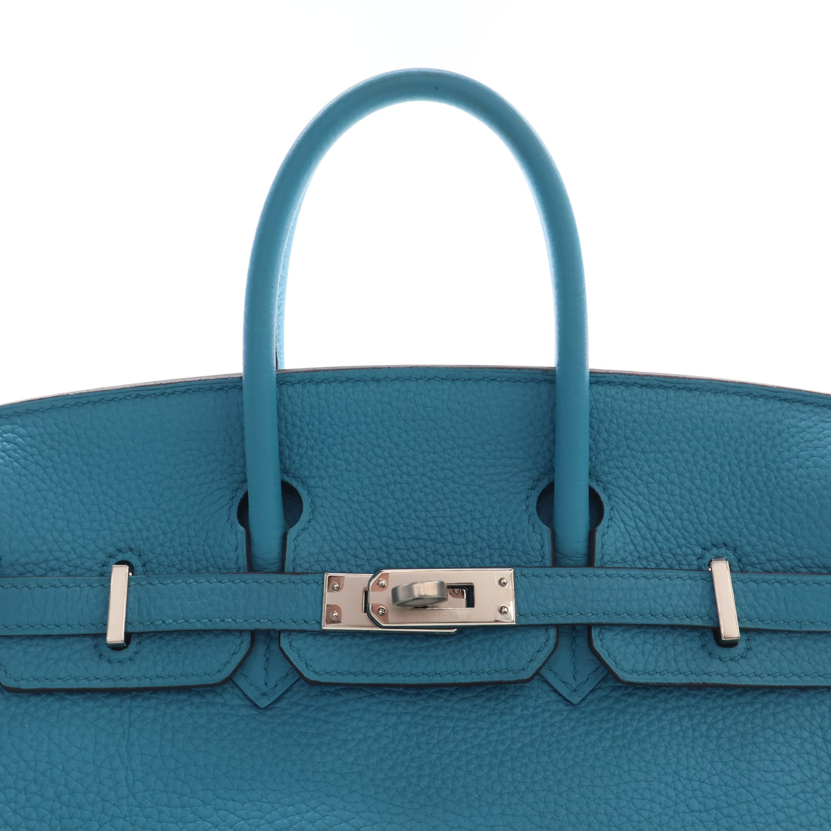 Pre-Owned Hermès Birkin 25 Turquoise Togo Leather, silver hardware close-up
