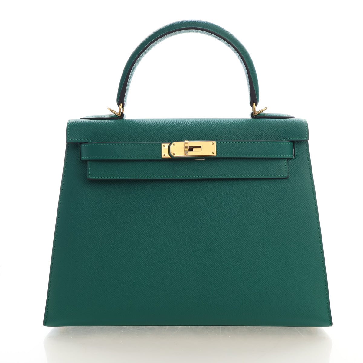 Pre-Owned Hermès Kelly 28 Malachite Epsom Leather, front view, authenticated at Luxe Du Jour