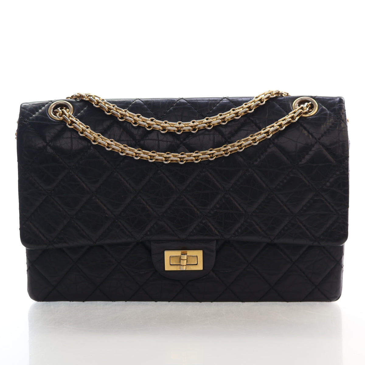 Pre-Owned Chanel Flap Bag Aged Calfskin 2.55 Reissue, front view, authenticated at Luxe Du Jour