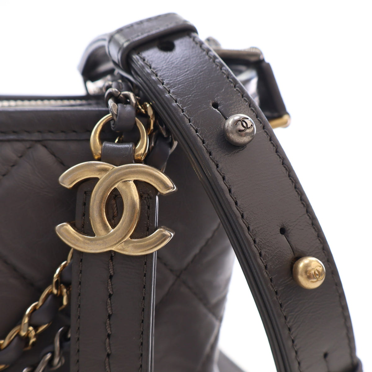 Pre-Owned Chanel Hobo Aged Calfskin Gabrielle Bag, gold hardware close-up