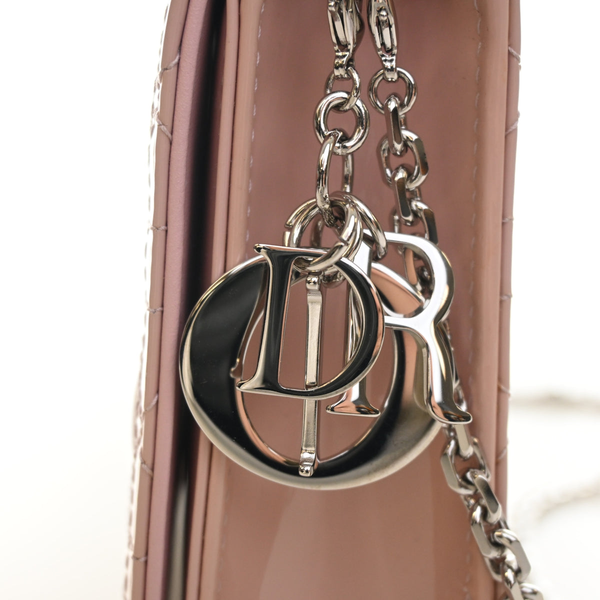 Pre-Owned Christian Dior Lady Dior Patent Leather Pouch, silver hardware close-up