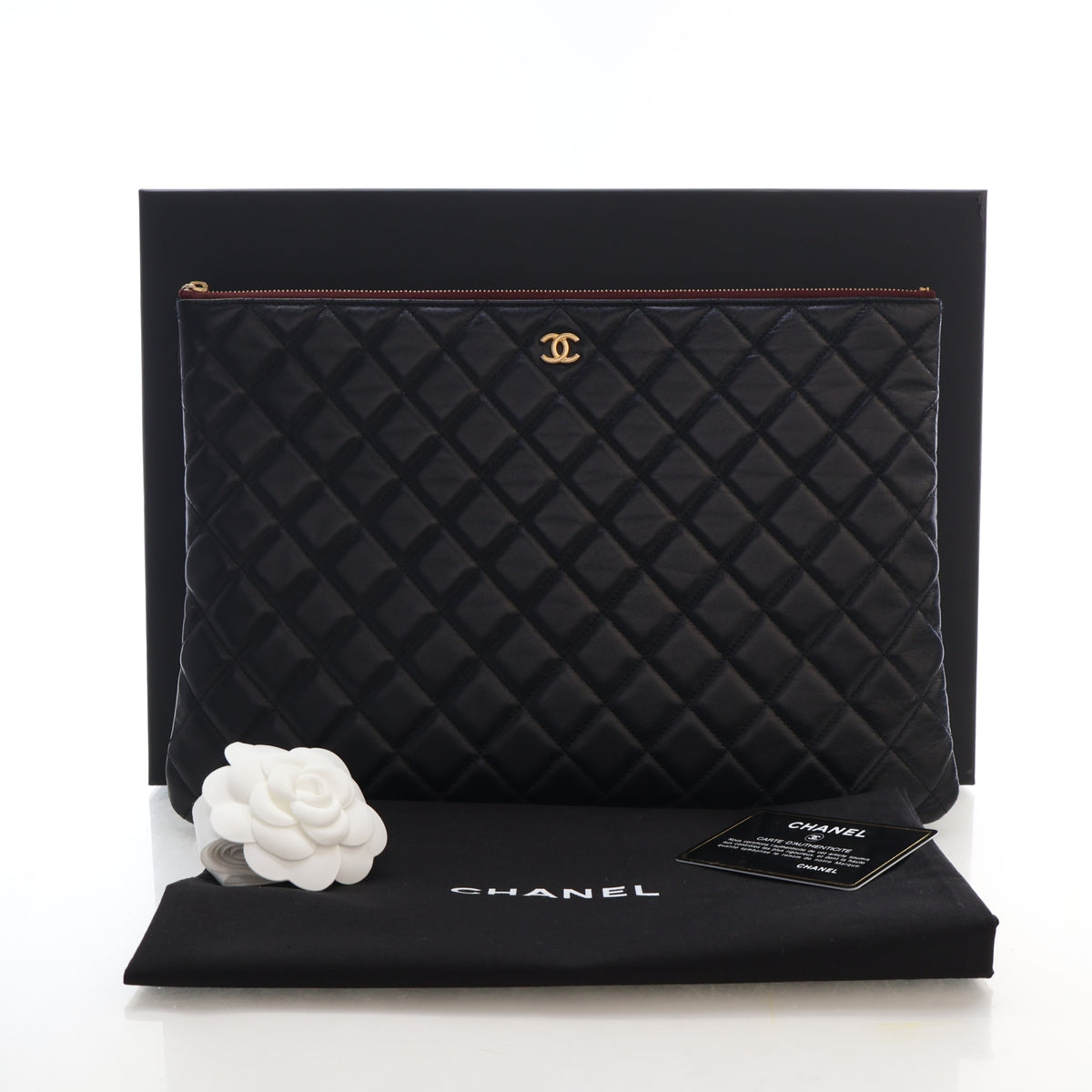 Pre-Owned Chanel Large Lambskin Pouch, shown with dust bag and packaging