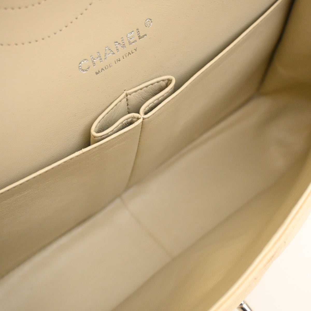 Pre-Owned Chanel Classic Double Flap Jumbo Caviar Leather Bag, open interior with lining, photo 12 of 17