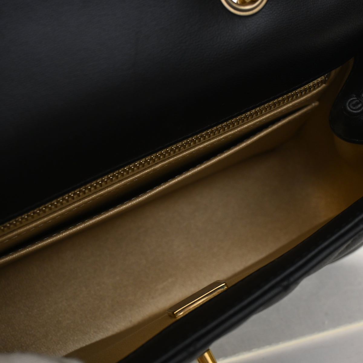 Pre-Owned Chanel Flap Bag Mini Lambskin Camellia Pearl Crush Rectangular, open interior with lining
