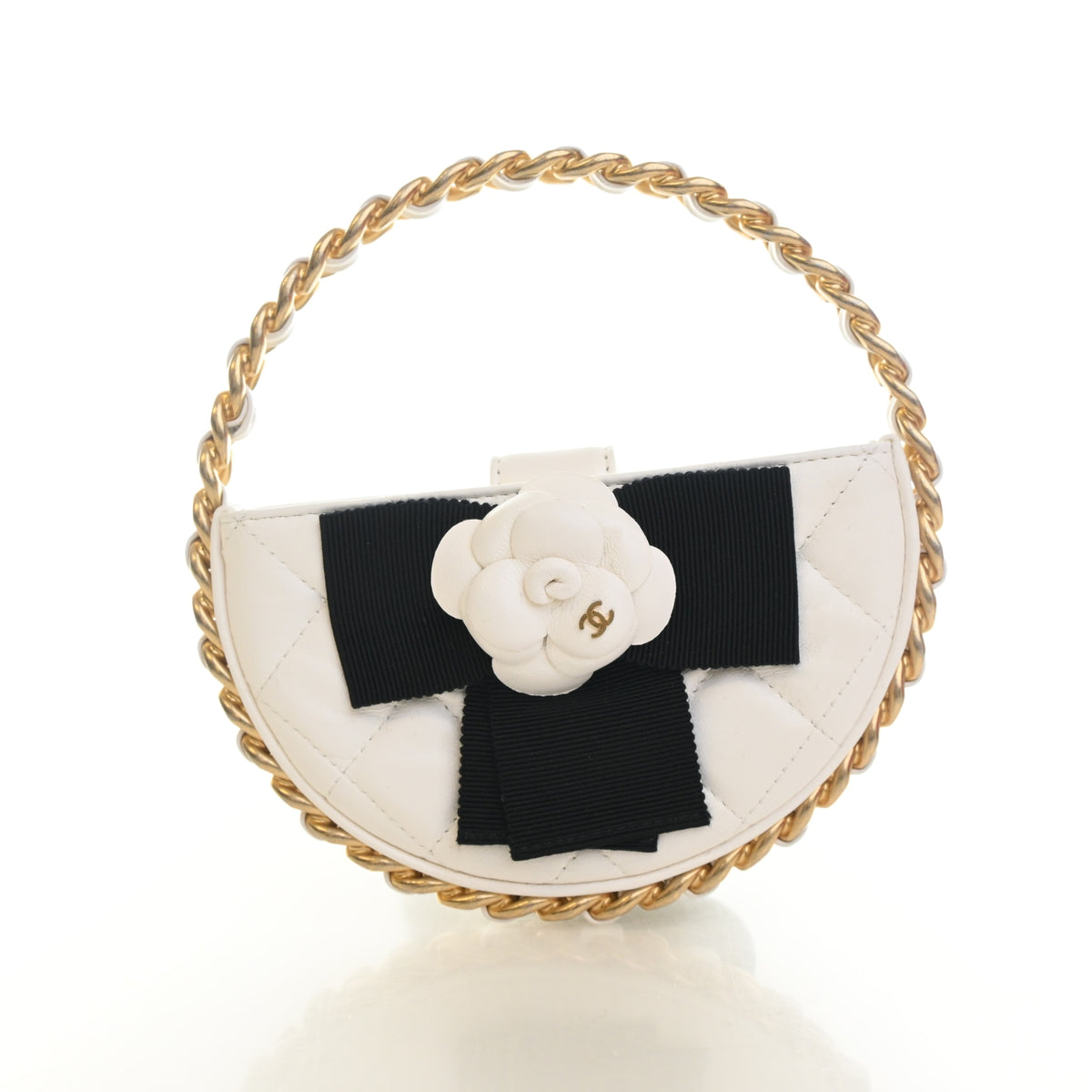 Pre-Owned Chanel Clutch Mini Lambskin Round Camellia, front view, authenticated at Luxe Du Jour