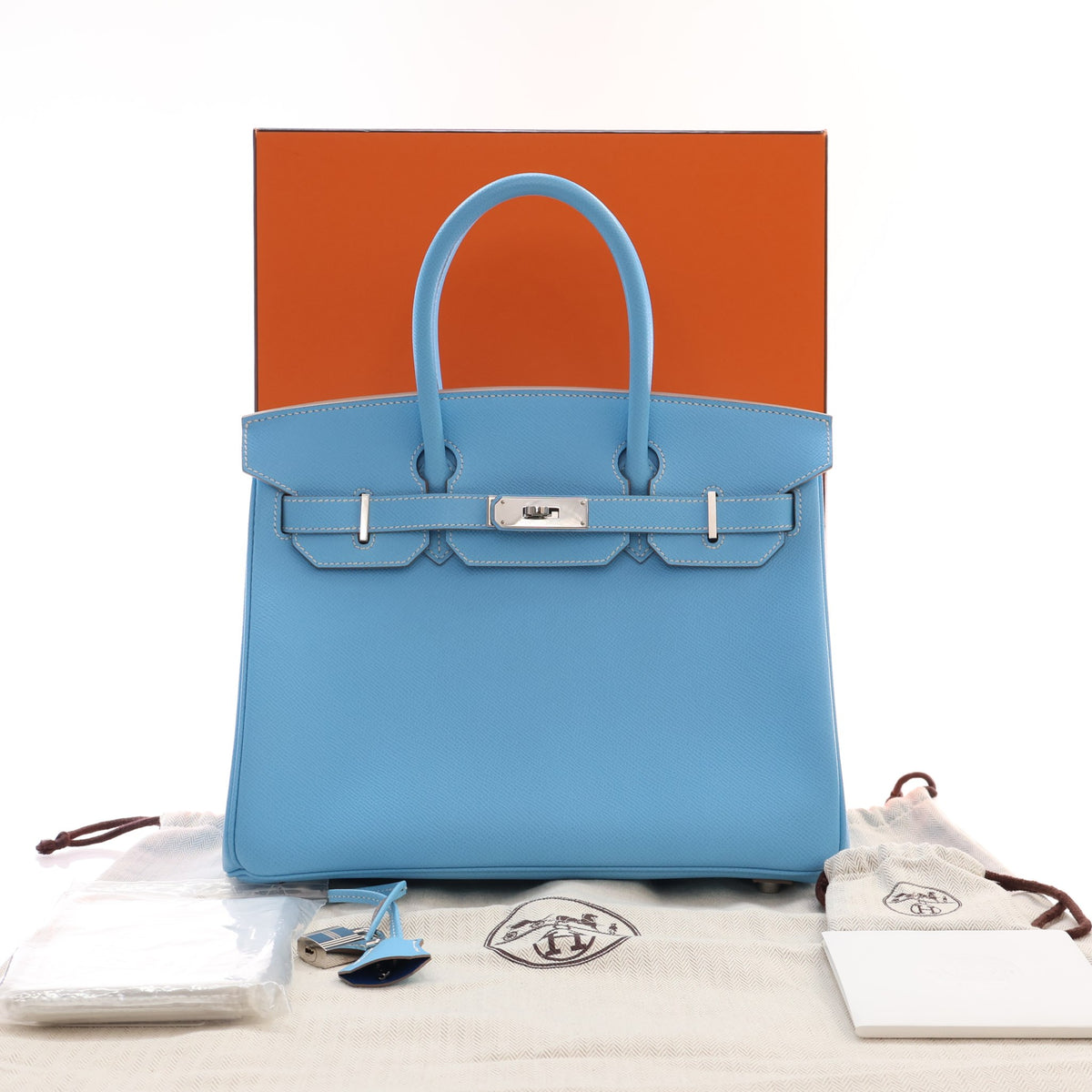 Pre-Owned Hermès Birkin 30 Celeste Epsom Leather Verso, shown with dust bag and packaging