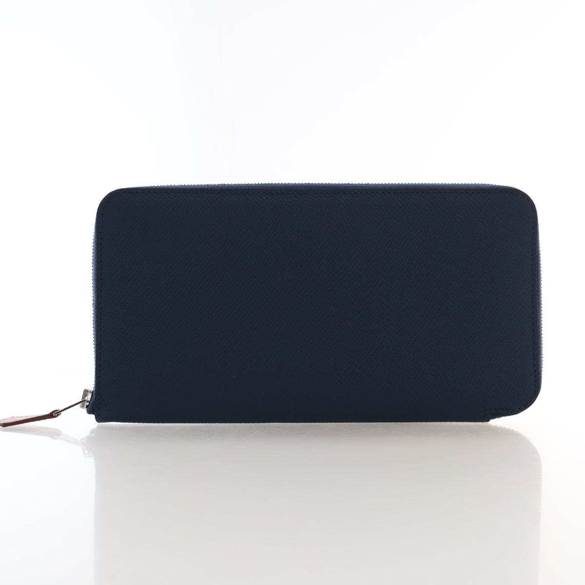 Pre-Owned Hermès Wallet Bleu Noir Evercolor Leather Silk'in Classique Long, front view, authenticated at Luxe Du Jour
