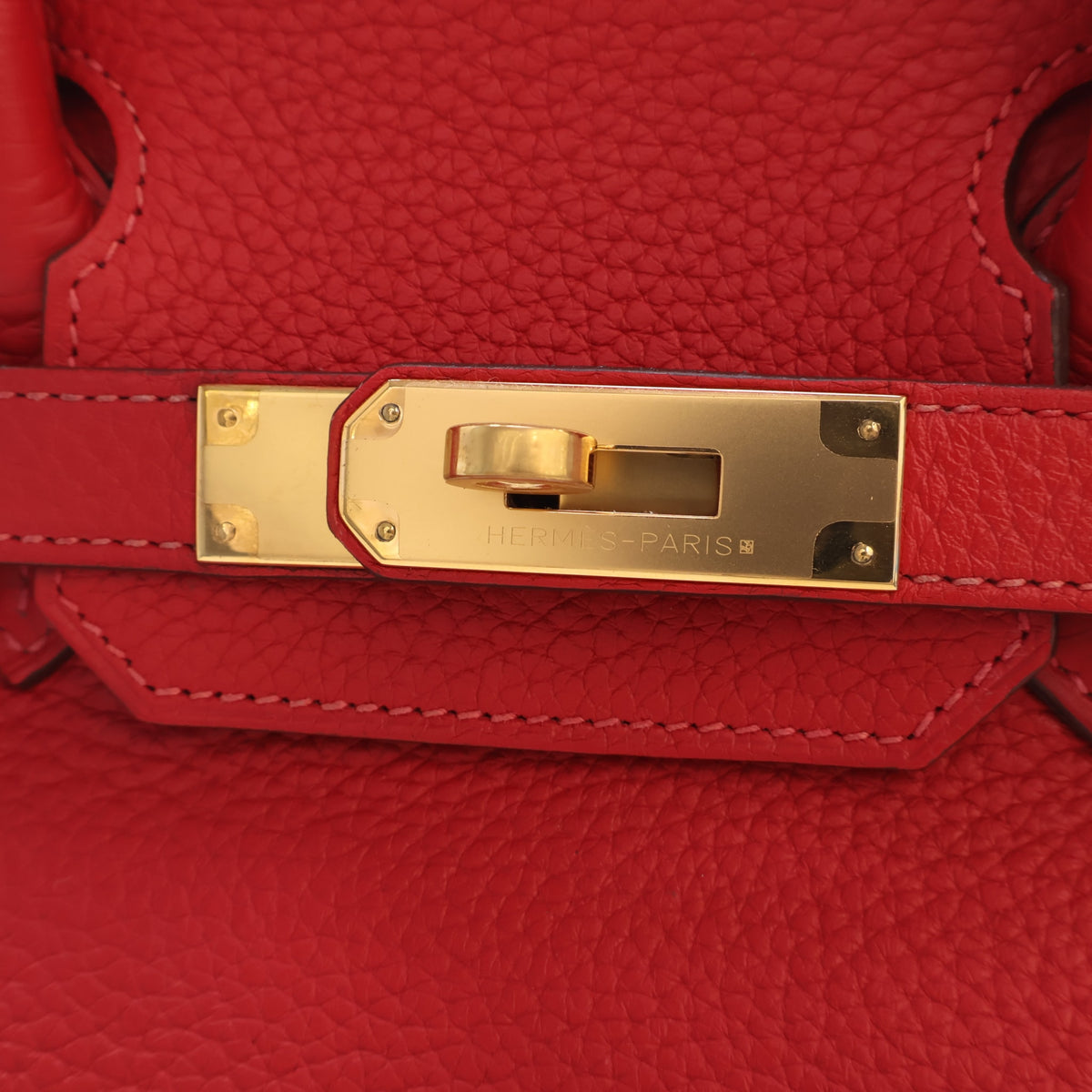 Pre-Owned Hermès Birkin 30 Rouge Casaque Togo Leather, gold hardware close-up