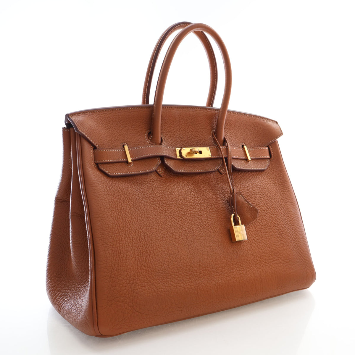 Pre-Owned Hermès Birkin 35 Gold Clemence Leather, three-quarter view
